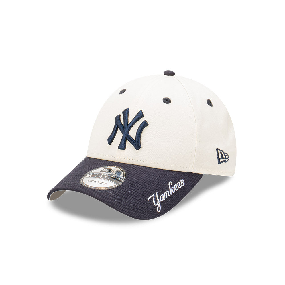 New York Yankees Hat - Visor Script 2-Tone Chrome White Navy MLB 9Forty Strapback Cap - New Era