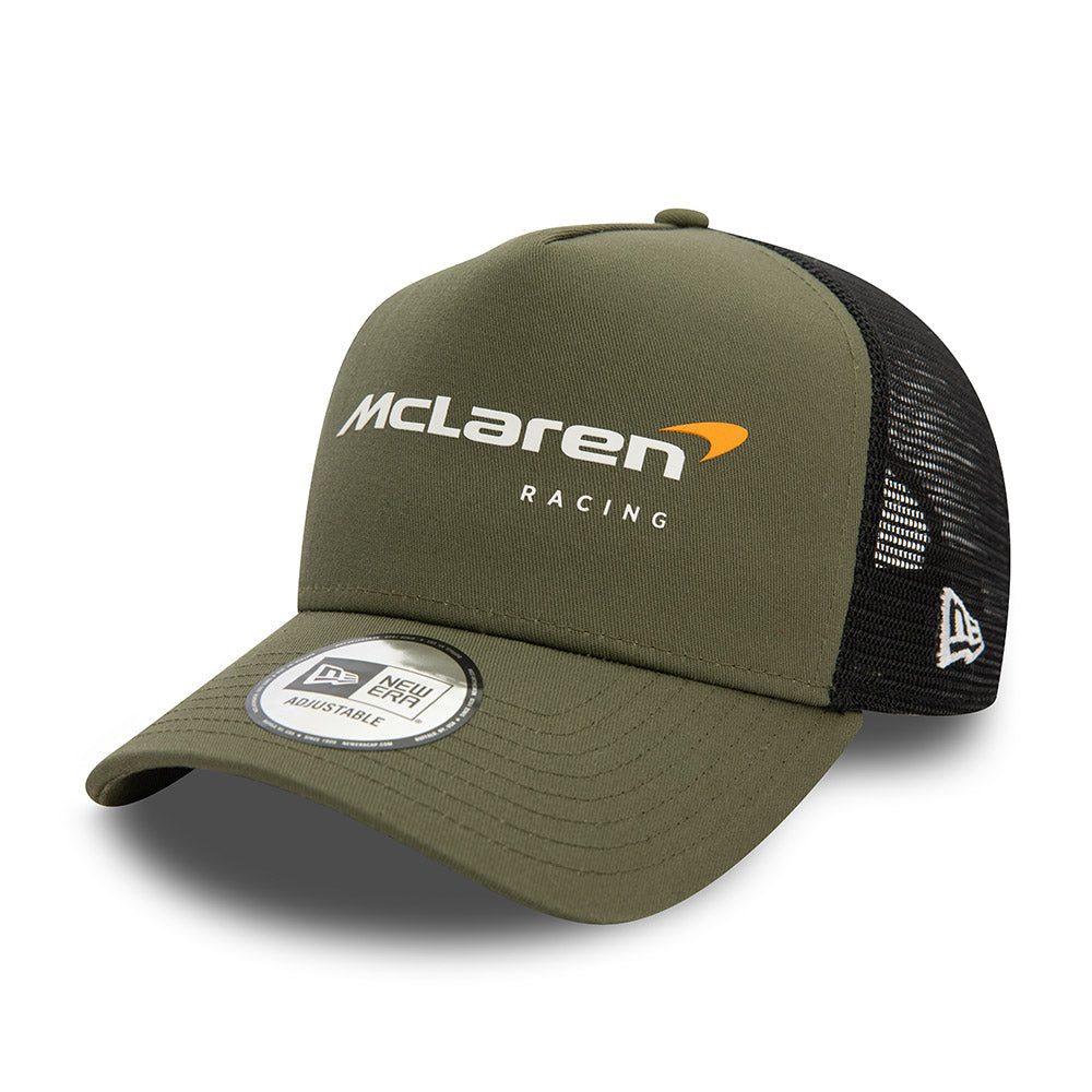 McLaren F1 Racing Hat - Formula 1 Seasonal 2-Tone Olive Black 9Forty A-Frame Trucker Snapback Cap - New Era
