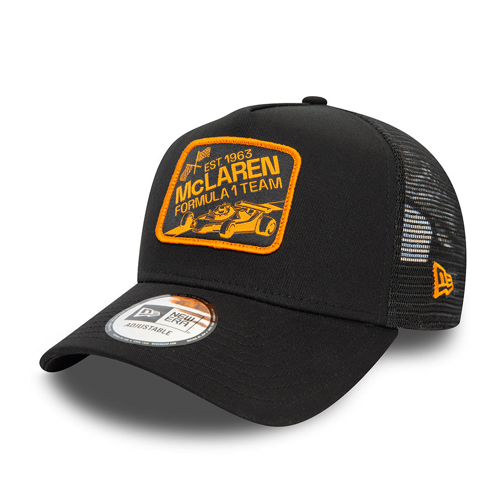 McLaren F1 Racing Hat - Formula 1 Black Graphic Patch 9Forty A-Frame Trucker Snapback Cap - New Era