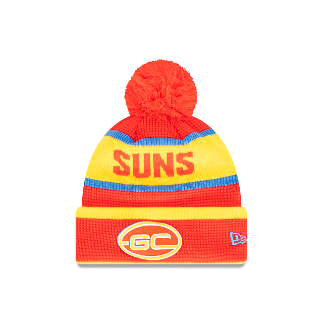 Gold Coast Suns Beanie - AFL Waffle Wordmark Pom Knit - New Era