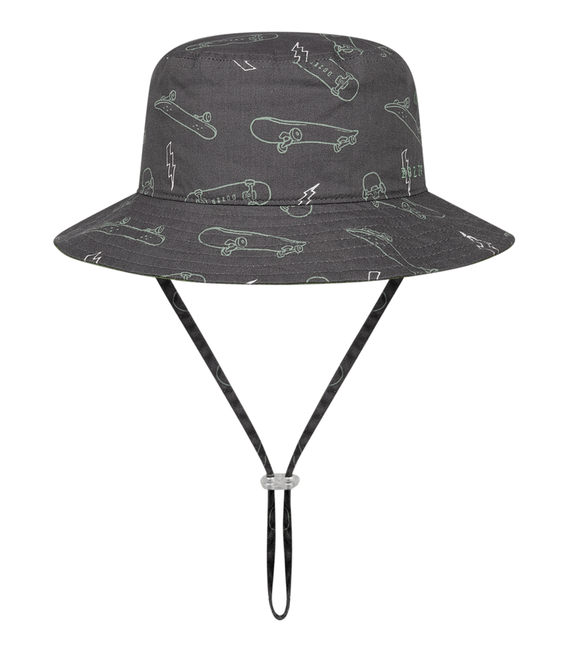 Dozer Boys Bucket Hat - Charcoal Grey Skateboard - Gawler Reversible Bucket - 50+ UPF protection