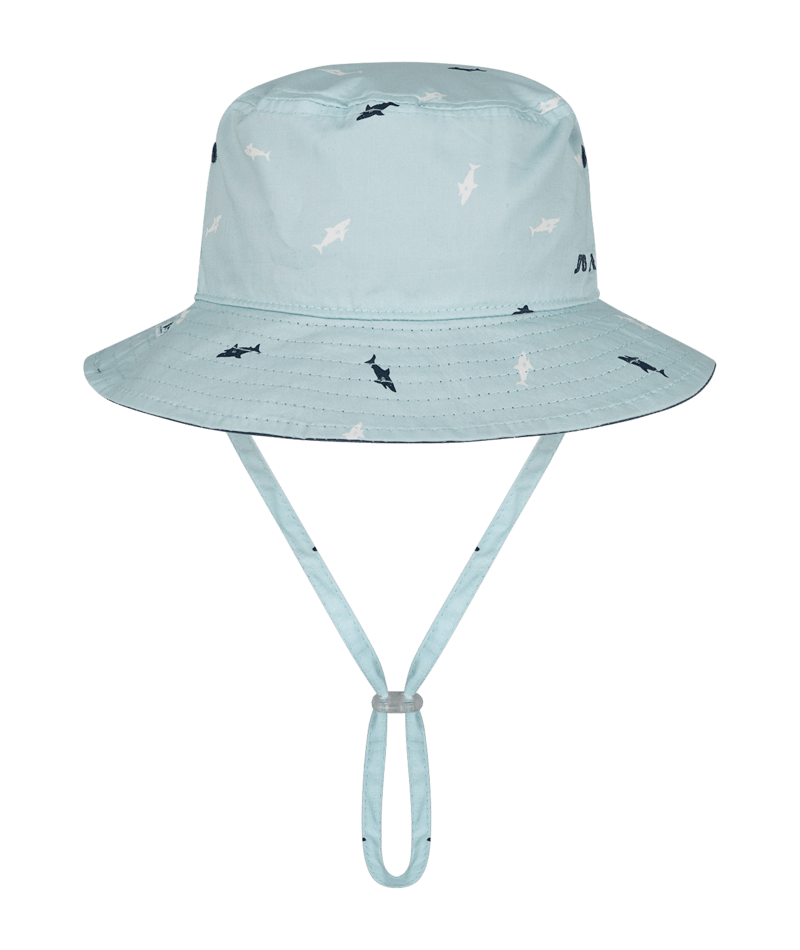 Dozer Baby Boys Bucket Hat Blue Shark Print Deep Sea Reversible with 50 UPF Protection