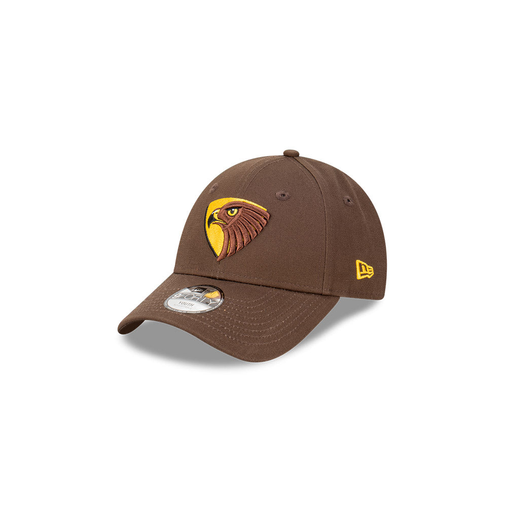 Hawthorn Hawks Youth Hat - AFL 2024 Official Team Colour 9Forty Kids Strapback Cap - New Era