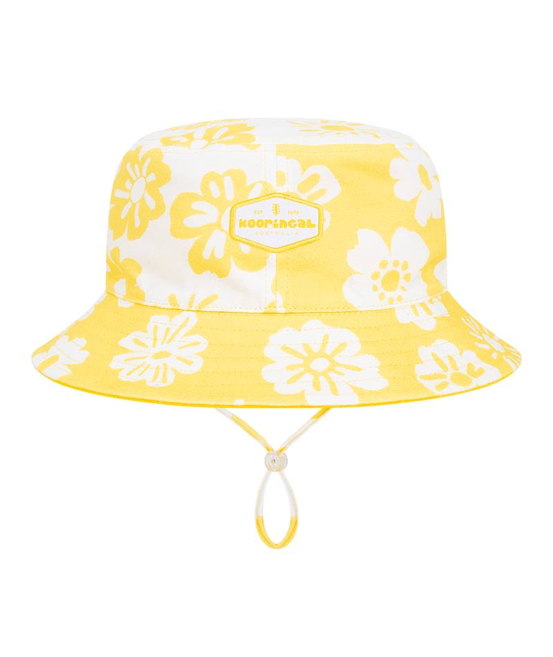Kooringal Kids Girls Bucket Hat - White Yellow Oversized Floral Print - Goldie