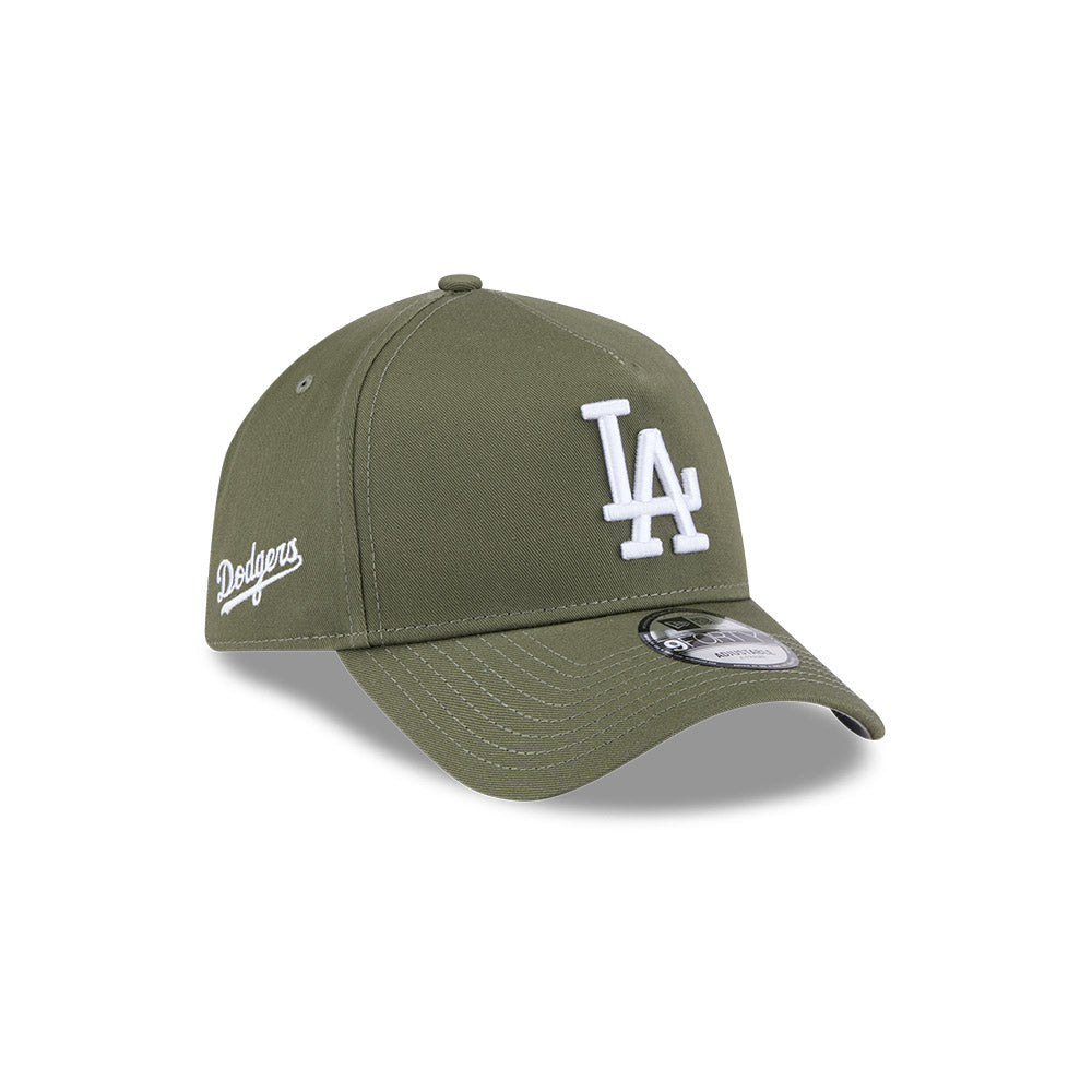 LA Dodgers Hat - Olive Green Seasonal Script 9Forty A-Frame MLB Snapback Cap - New Era