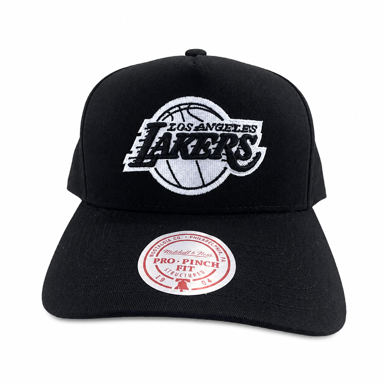 LA Lakers Hat - Black and White Pro Pinch NBA Basketball Snapback Cap - Mitchell & Ness