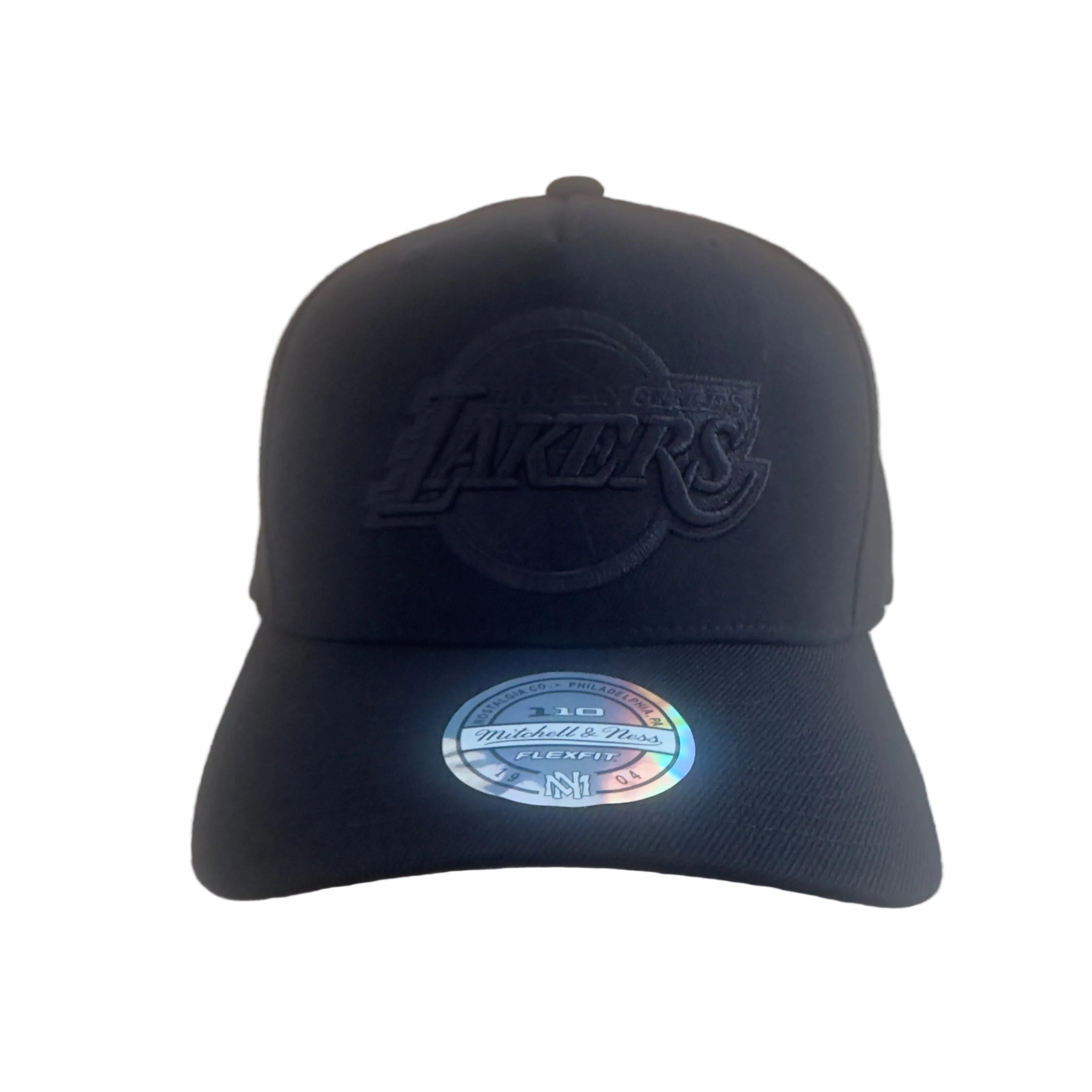 LA Lakers Hat - Black on Black 110 Flexfit NBA Basketball Snapback Cap - Mitchell & Ness