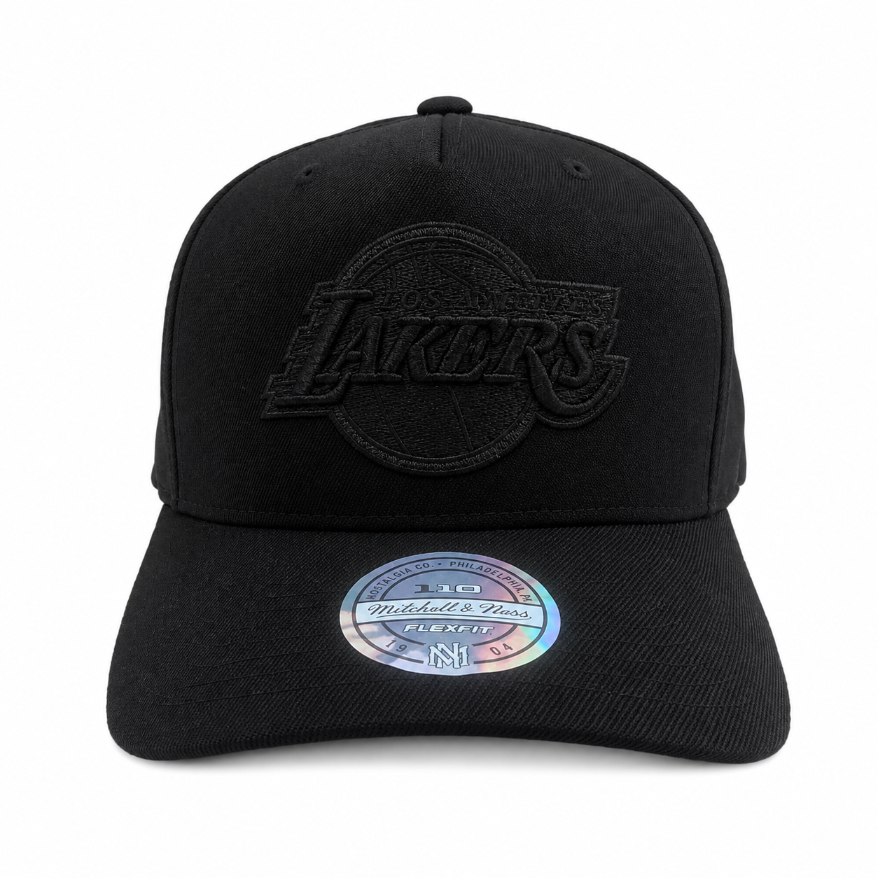 LA Lakers Hat - Black on Black 110 Flexfit NBA Basketball Snapback Cap - Mitchell & Ness
