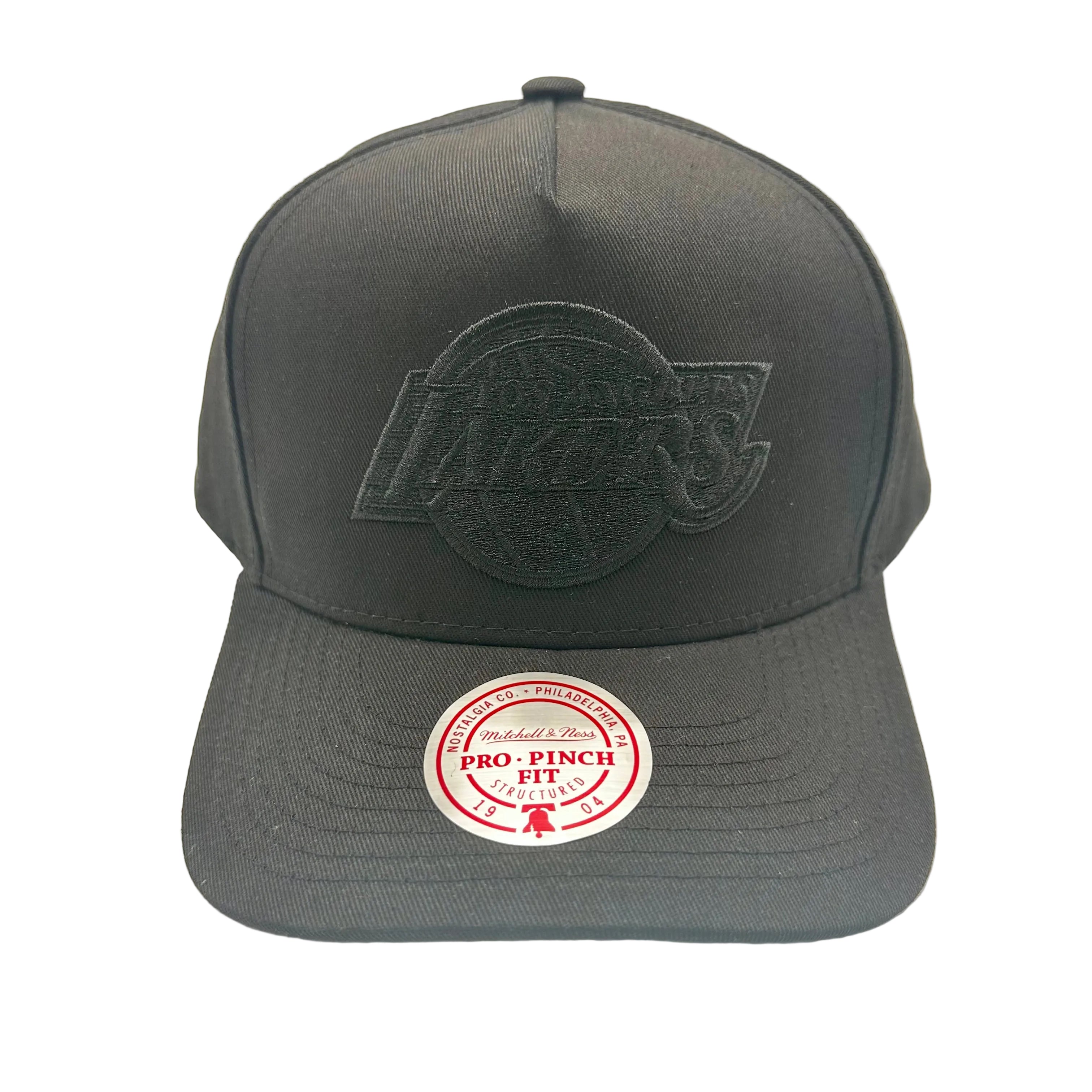 LA Lakers Hat - Black on Black EG Pro Pinch NBA Basketball Snapback Cap - Mitchell & Ness