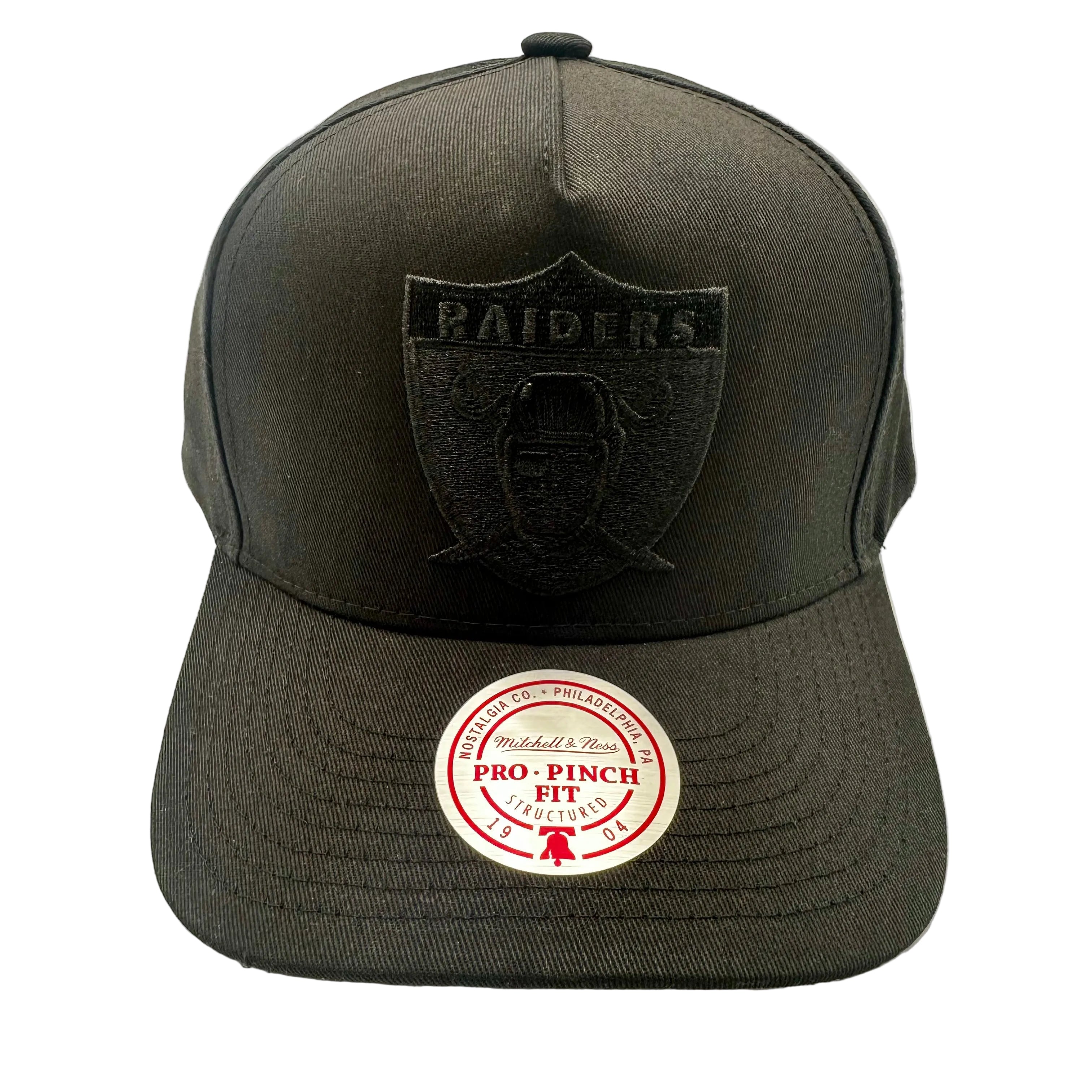 Las Vegas Raiders Hat - Black on Black EG Pro Pinch NFL American Football Snapback Cap - Mitchell & Ness