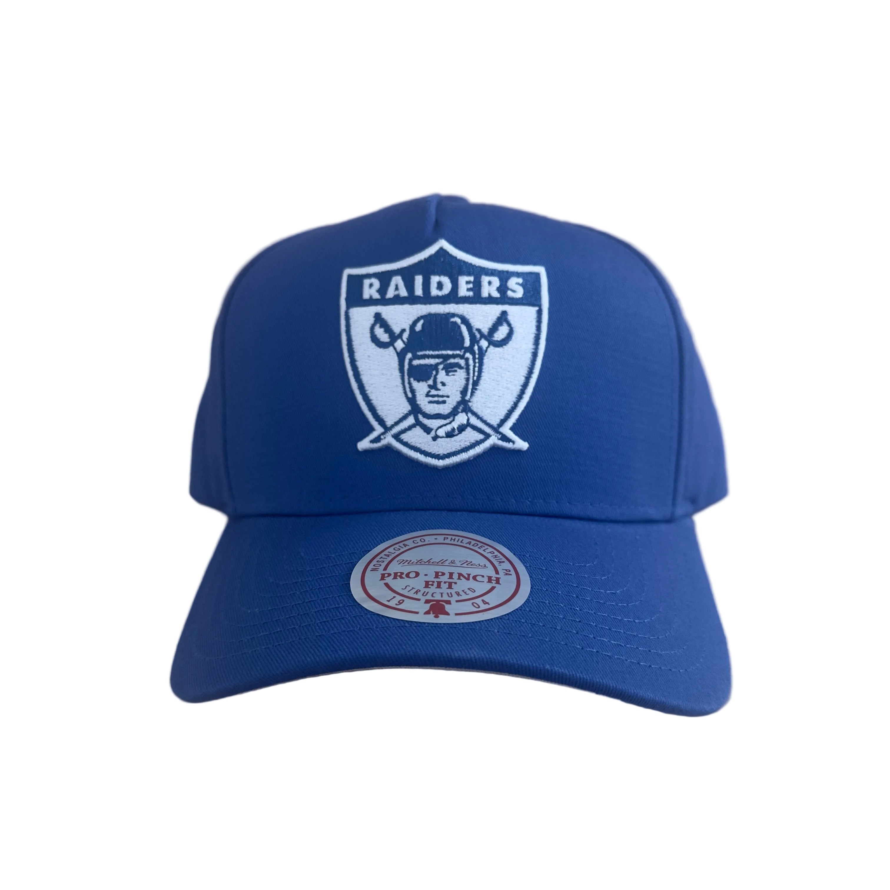 Las Vegas Raiders Hat - Blue Regal Pro Pinch NFL American Football Snapback Cap - Mitchell & Ness
