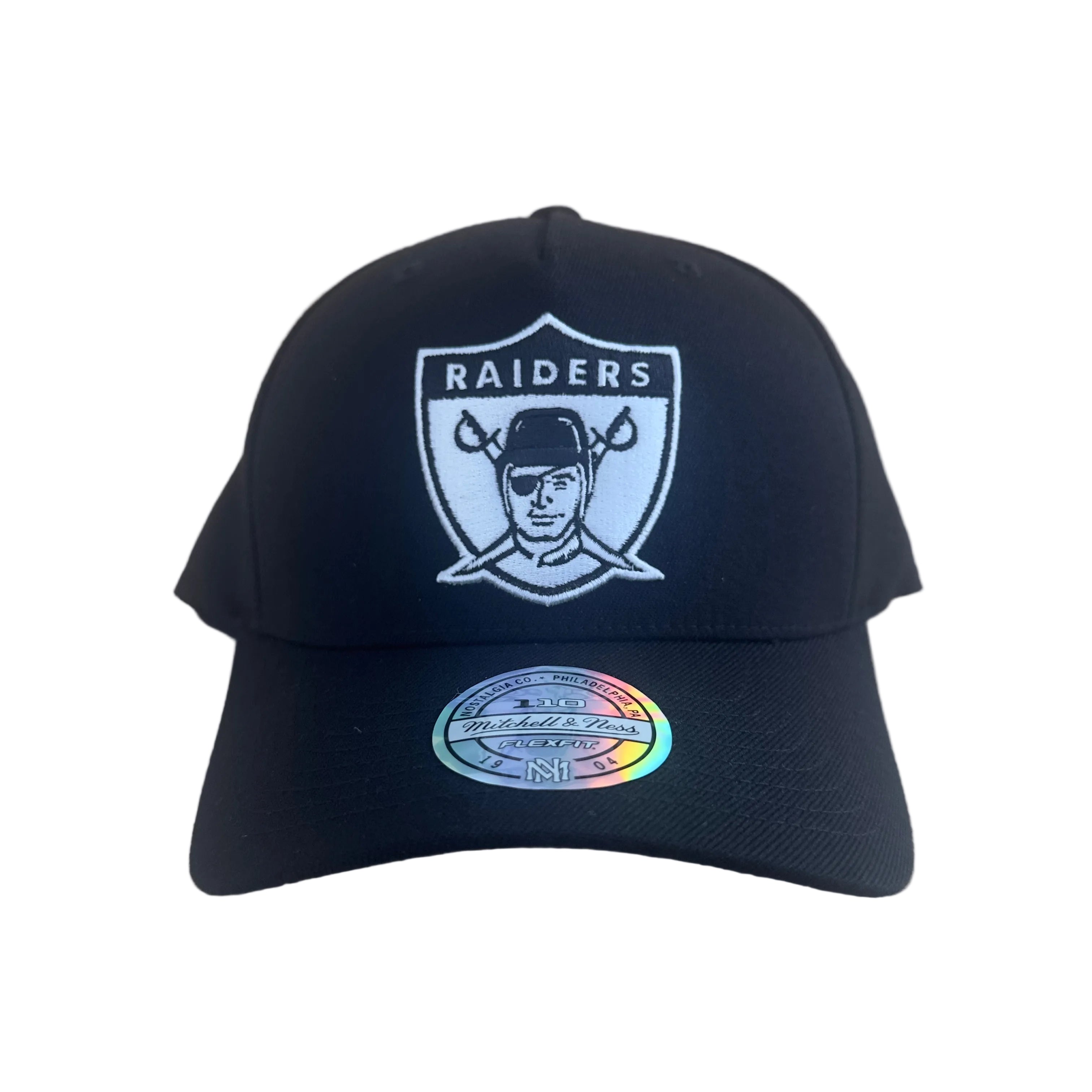 Los Angeles Raiders Hat - Black And White 5Panel 110 Flexfit NFL American Football Snapback Cap - Mitchell & Ness
