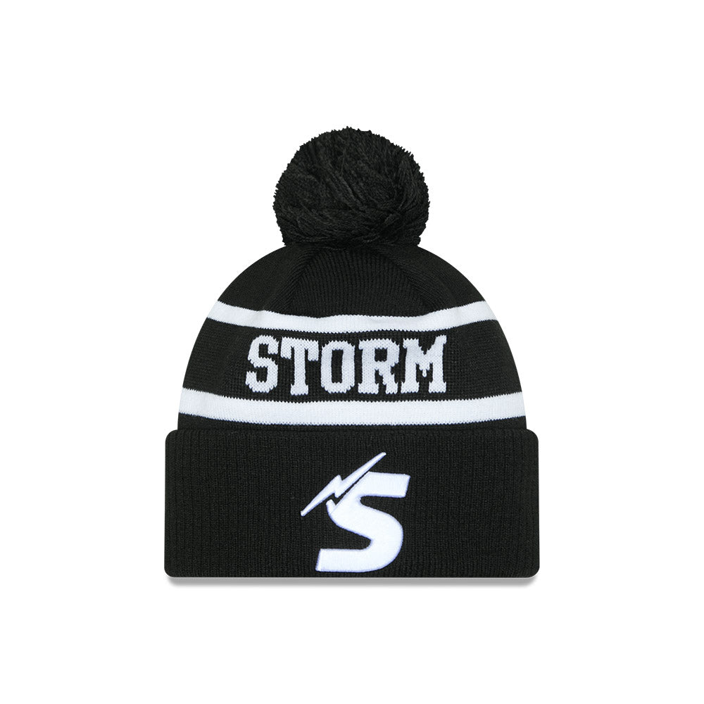 Melbourne Storm Beanie - 2025 NRL Black White Pom Knit - New Era