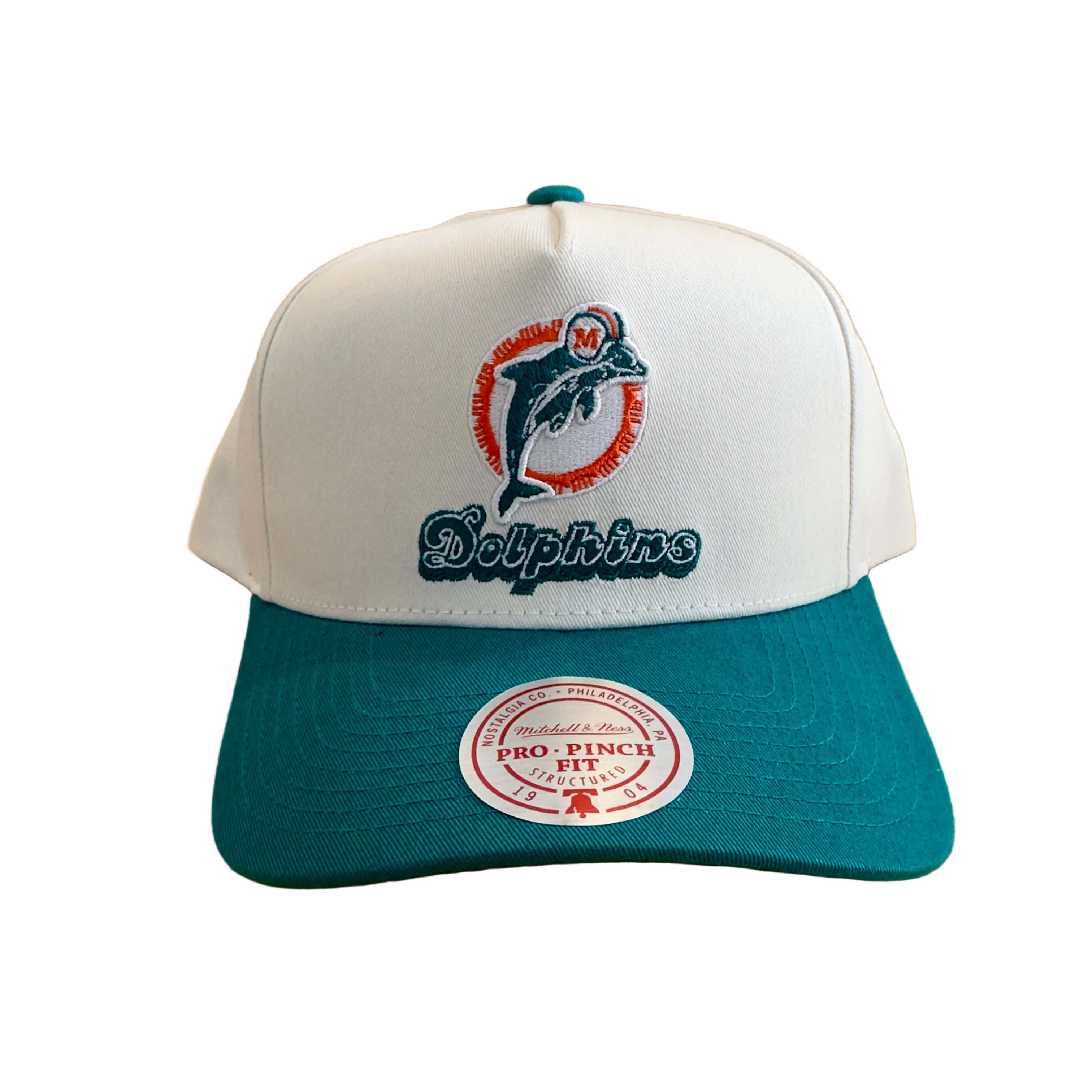 Miami Dolphins Hat - 2Tone White Team Colour Pro Pinch NFL Snapback Cap - Mitchell & Ness