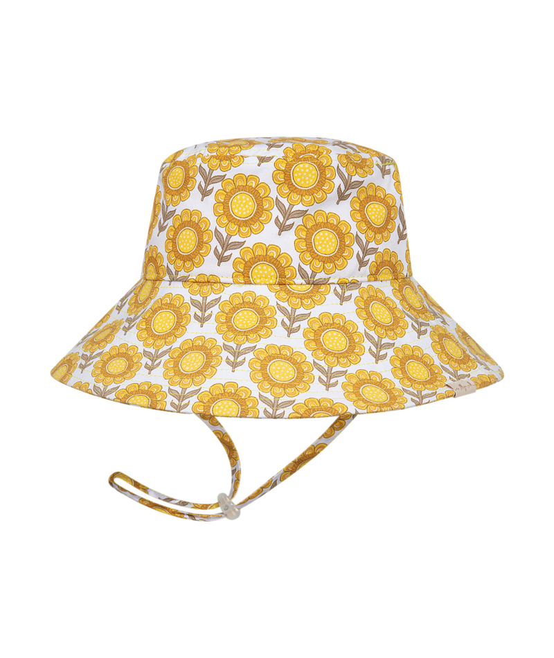 Millymook Girls Wide Brim Bucket Hat - Yellow Sunflower Pattern - Manoora