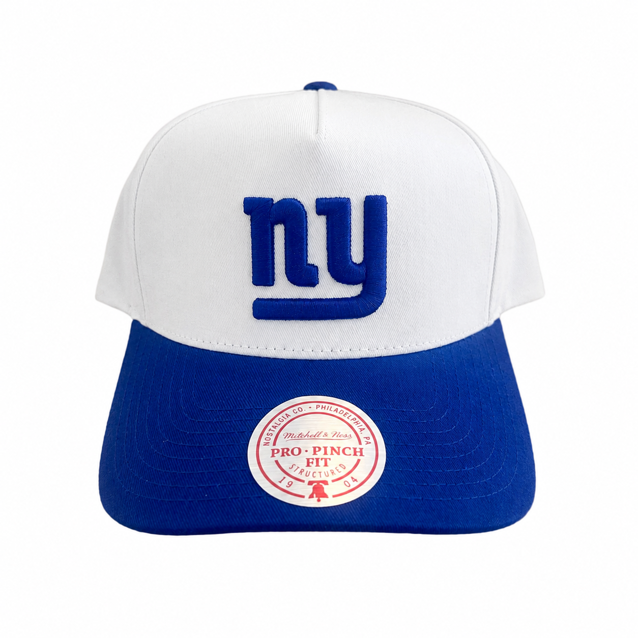 New York Giants Hat - 2Tone White Team Colour Pro Pinch NFL Snapback Cap - Mitchell & Ness