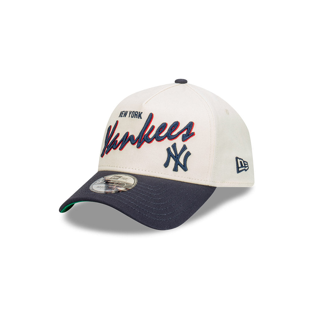 New York Yankees Hat - Chrome White Navy Script 2-Tone 9Forty A-Frame MLB Snapback Cap - New Era