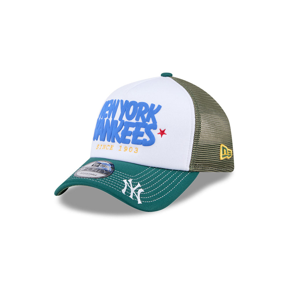 New York Yankees Hat - MLB Olive Green Script Foam Palette 9Forty A-Frame Trucker Snapback - New Era