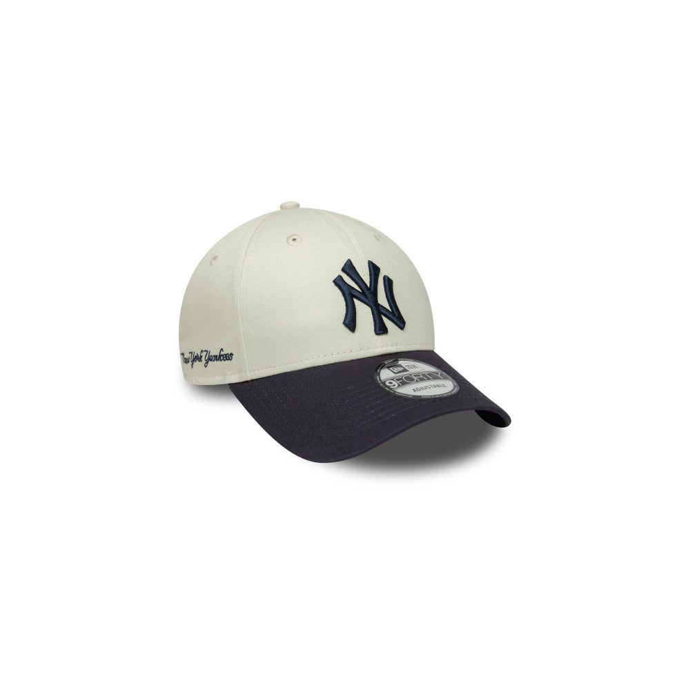 New York Yankees Hat - Side Script Ivory Navy 2-Tone MLB 9Forty Strapback Cap - New Era