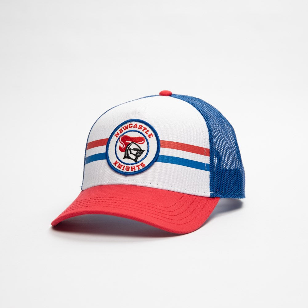 Newcastle Knights Trucker Hat - Blue Red Brushed Canvas Valin NRL Snapback Trucker Cap - American Needle