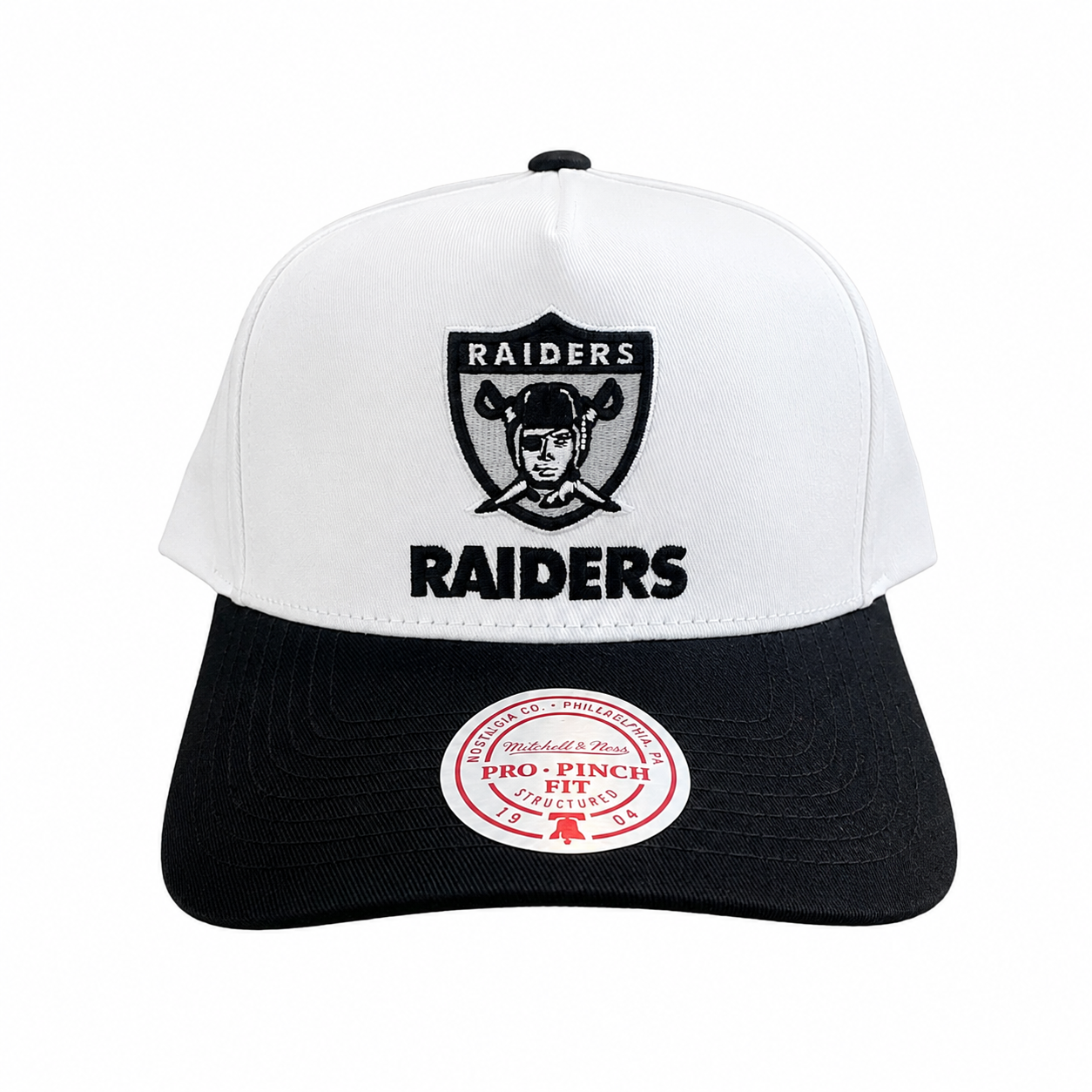 Oakland Raiders Hat - 2Tone White Team Colour Pro Pinch NFL Snapback Cap - Mitchell & Ness