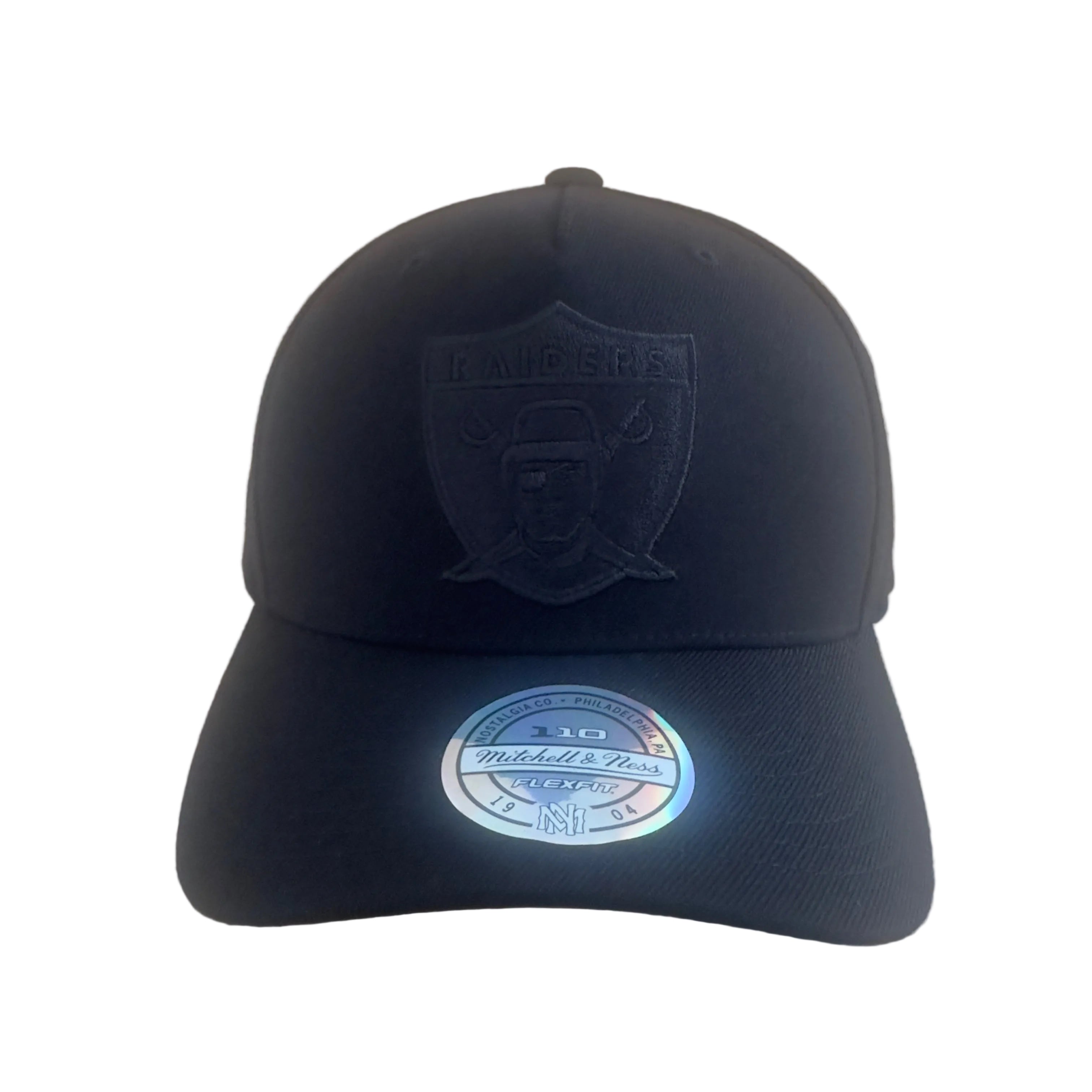 Oakland Raiders Hat - Black on Black 110 Flexfit NFL American Football Snapback Cap - Mitchell & Ness