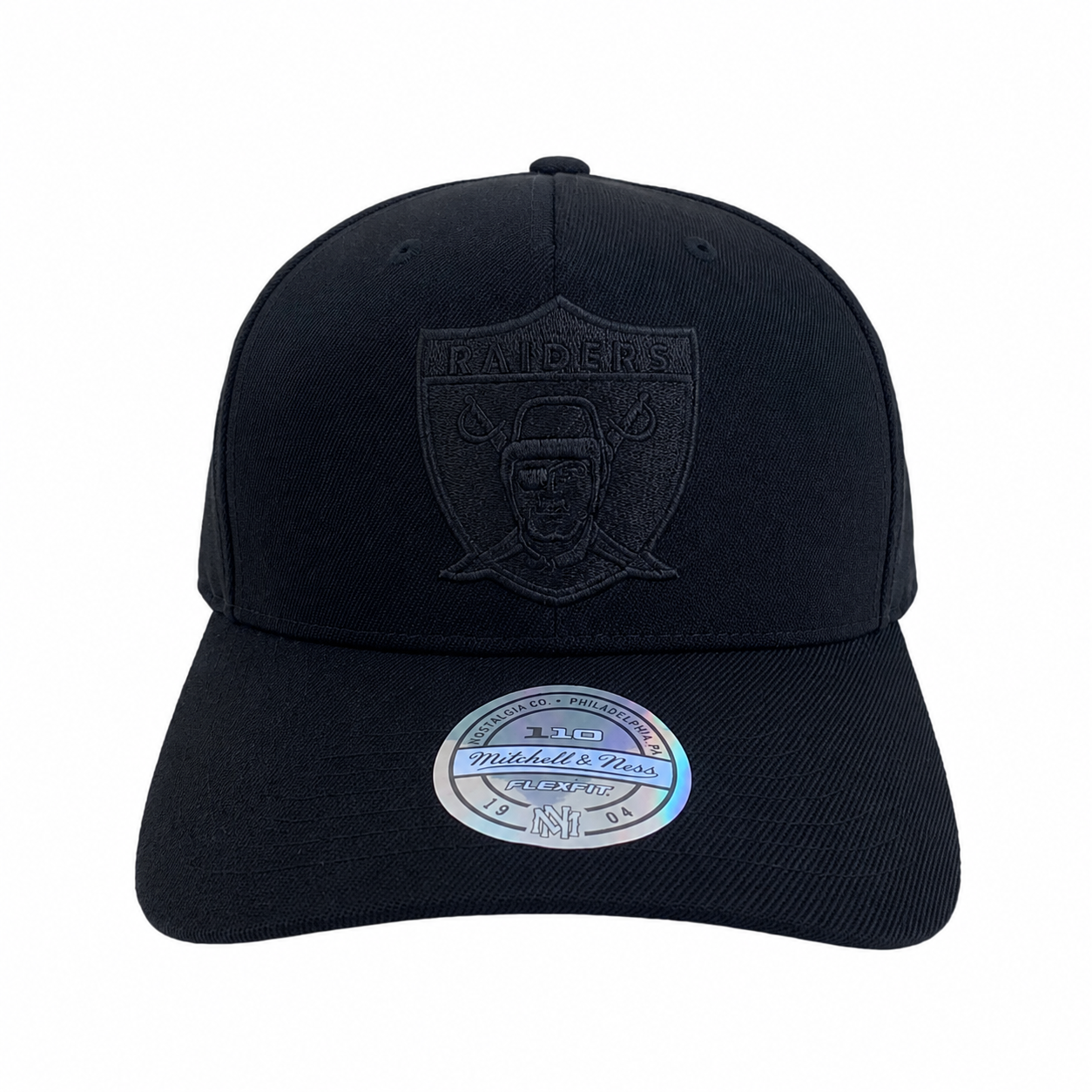 Oakland Raiders Hat - Black on Black 110 Flexfit NFL American Football Snapback Cap - Mitchell & Ness