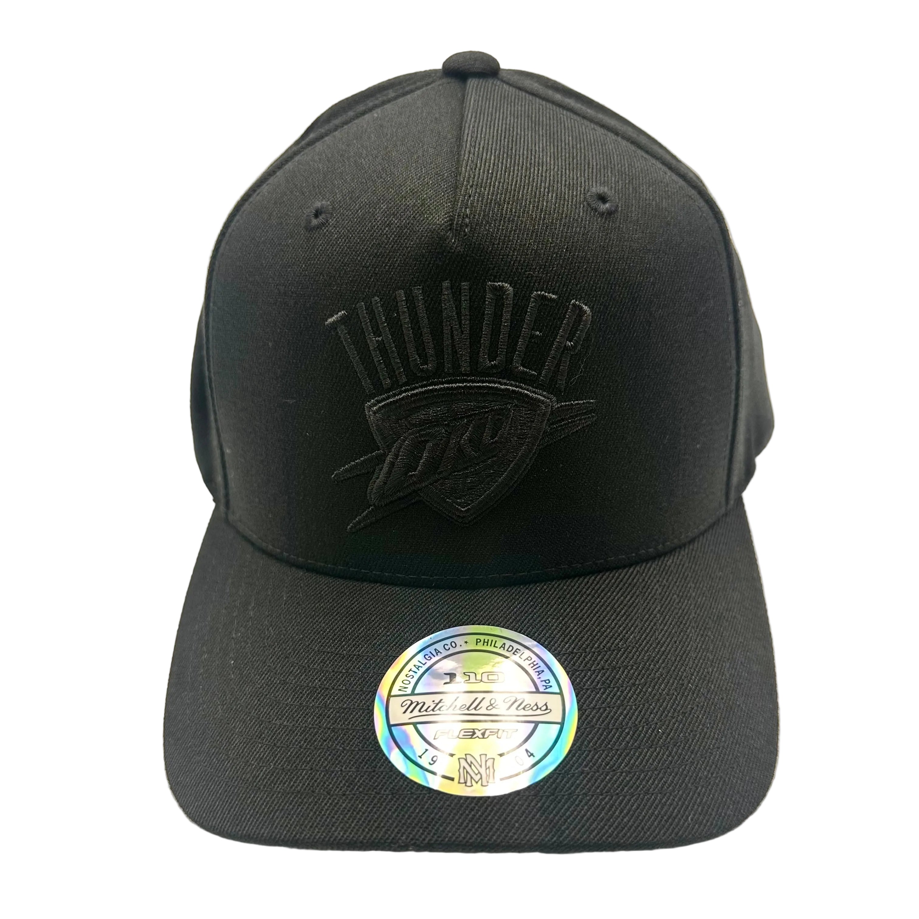 Oklahoma City Thunder Hat - Black on Black 110 Flexfit NBA Basketball Snapback Cap - Mitchell & Ness