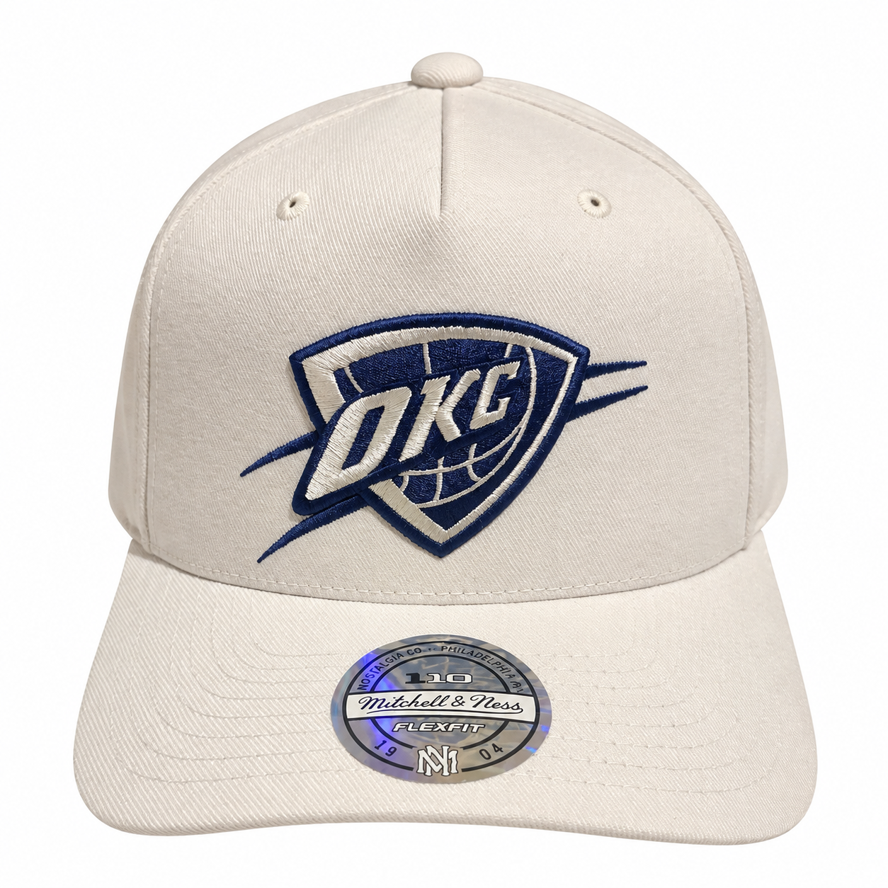Oklahoma City Thunder Hat - Cream White Navy 110 Flexfit NBA Basketball Snapback Cap - Mitchell & Ness