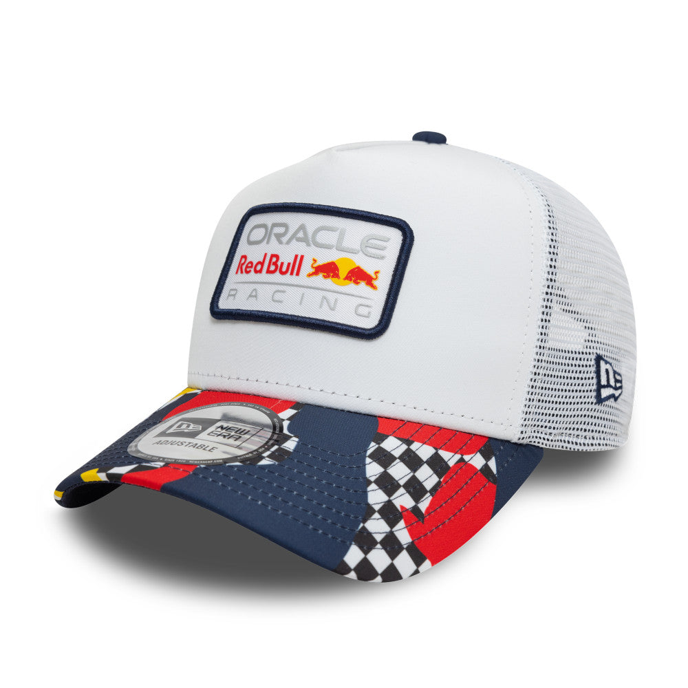 Oracle Red Bull Racing Hat - Formula 1 Abstract White 9Forty A-Frame Trucker Snapback Cap - New Era