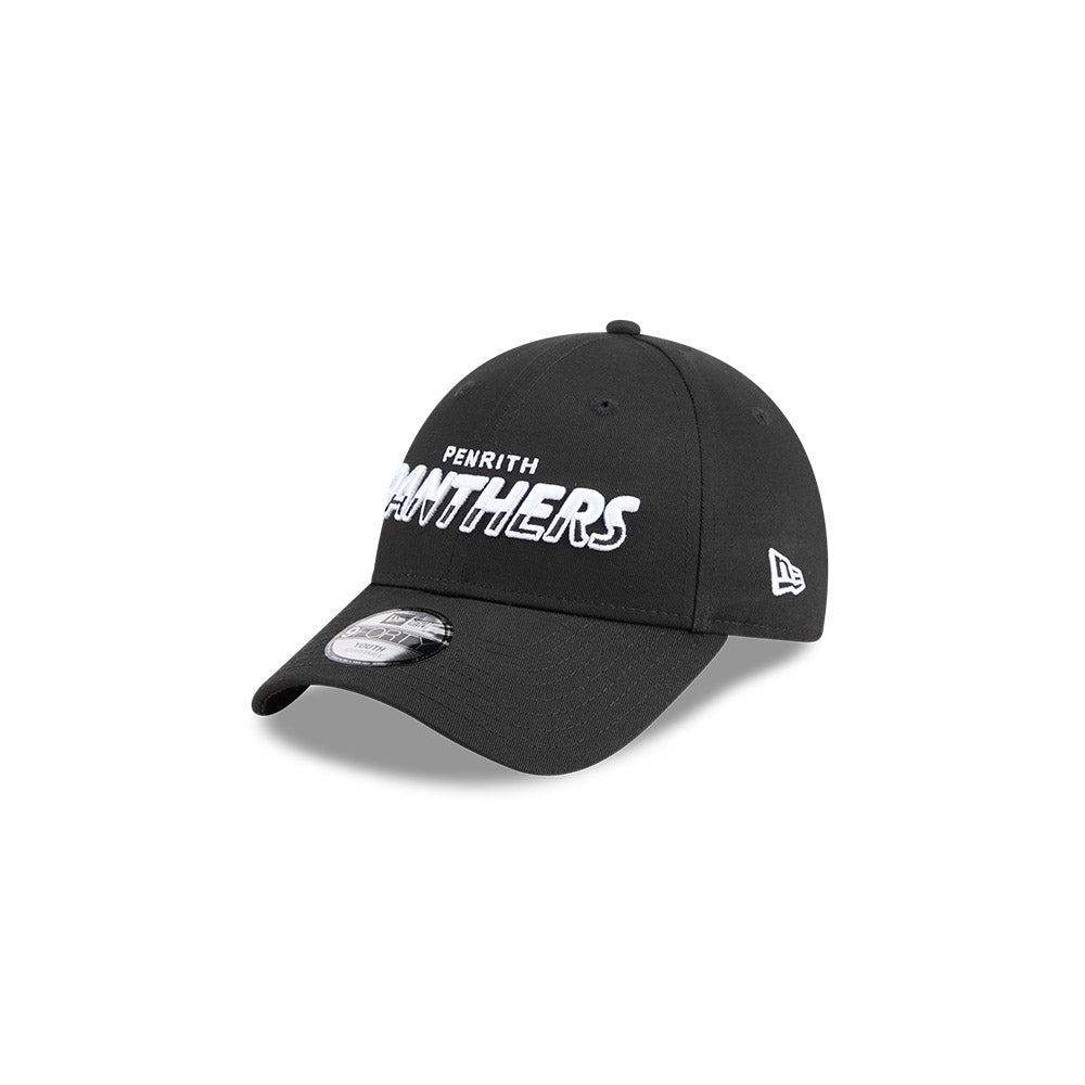 Penrith Panthers Youth Hat - NRL Split Script Black OTC 9Forty Kids Strapback Cap - New Era
