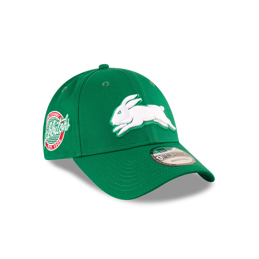South Sydney Rabbitohs Youth Hat - NRL 2025 Badged Green OTC 9Forty Kids Strapback Cap - New Era