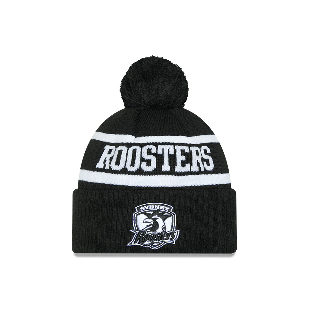Sydney Roosters Beanie - 2025 NRL Black White Pom Knit - New Era