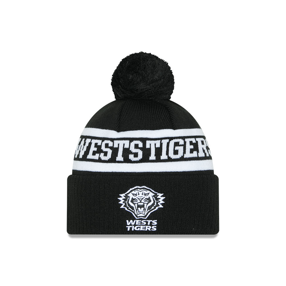 Wests Tigers Beanie - 2025 NRL Black White Pom Knit - New Era