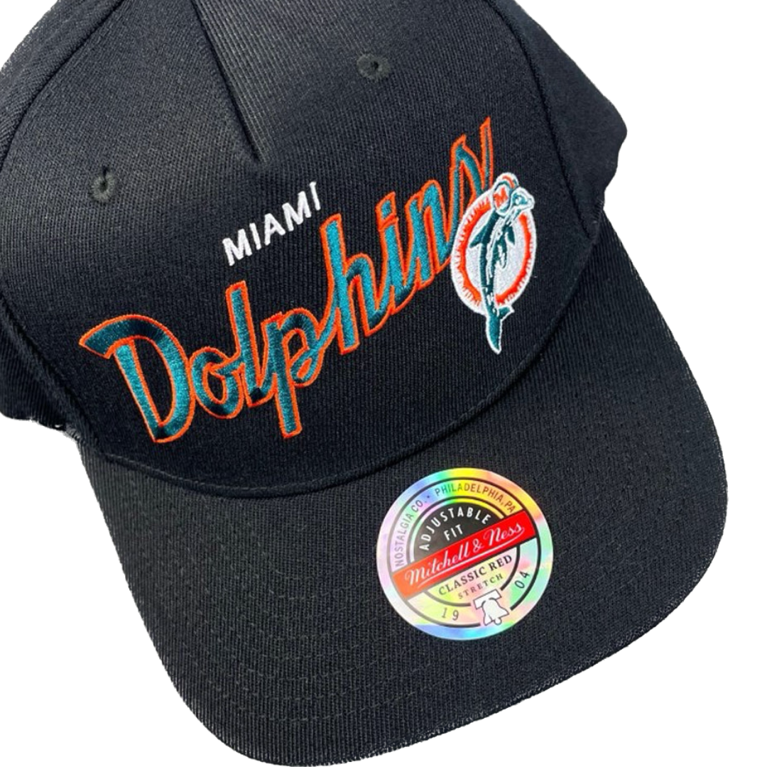 Miami Dolphins Hat - Black Classic Script Redline Snapback - Mitchell & Ness