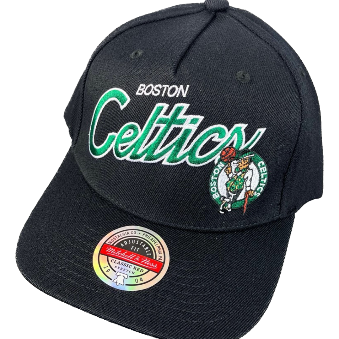Boston Celtics Hat - Black Classic Script Redline Snapback - Mitchell & Ness