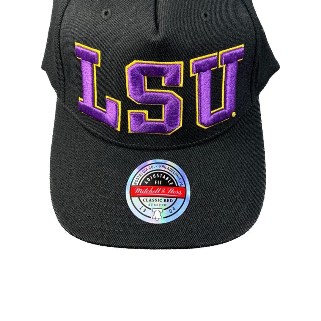 LSU Basketball Hat - Black LSU Logo Initial Stretch Snapback - Mitchell & Ness