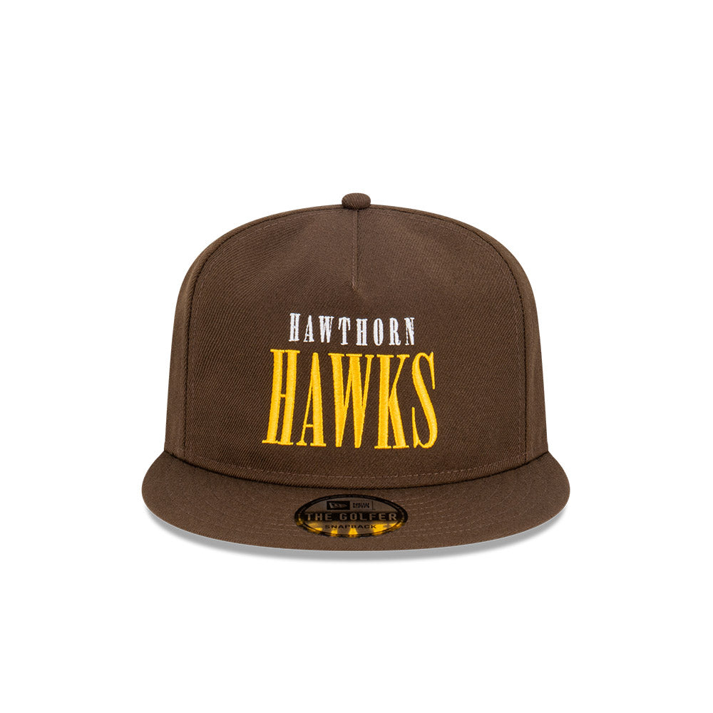 Hawthorn Hawks Hat - 2023 AFL Brown Tall Text The Golfer Snapback - New Era