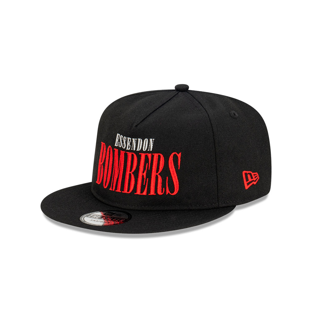 Essendon Bombers Hat - 2023 AFL Black Tall Text The Golfer Snapback - New Era