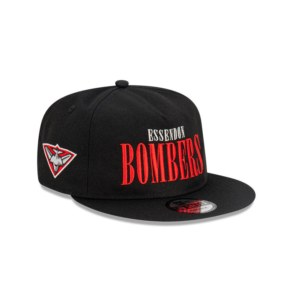 Essendon Bombers Hat - 2023 AFL Black Tall Text The Golfer Snapback - New Era