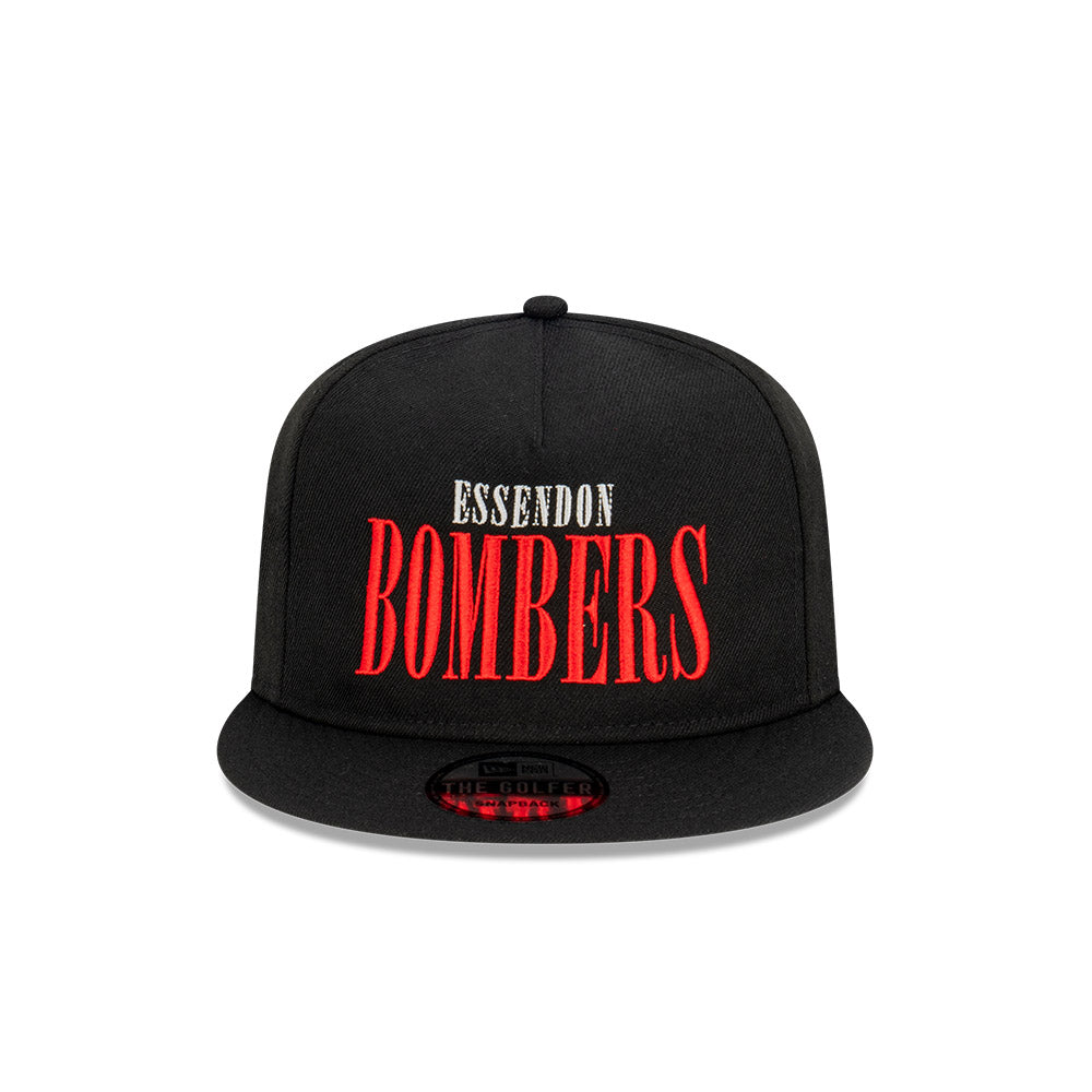 Essendon Bombers Hat - 2023 AFL Black Tall Text The Golfer Snapback - New Era
