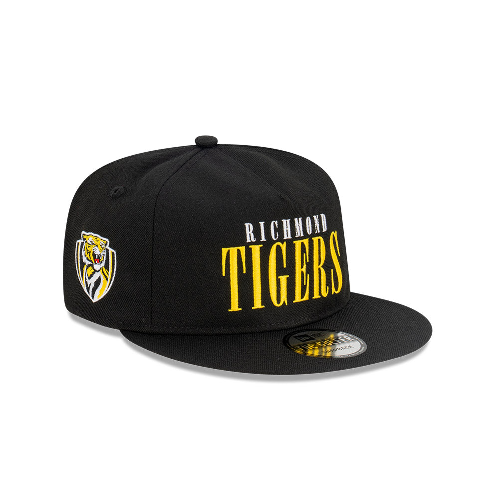 Richmond Tigers Hat - 2023 AFL Black Tall Text The Golfer Snapback - New Era