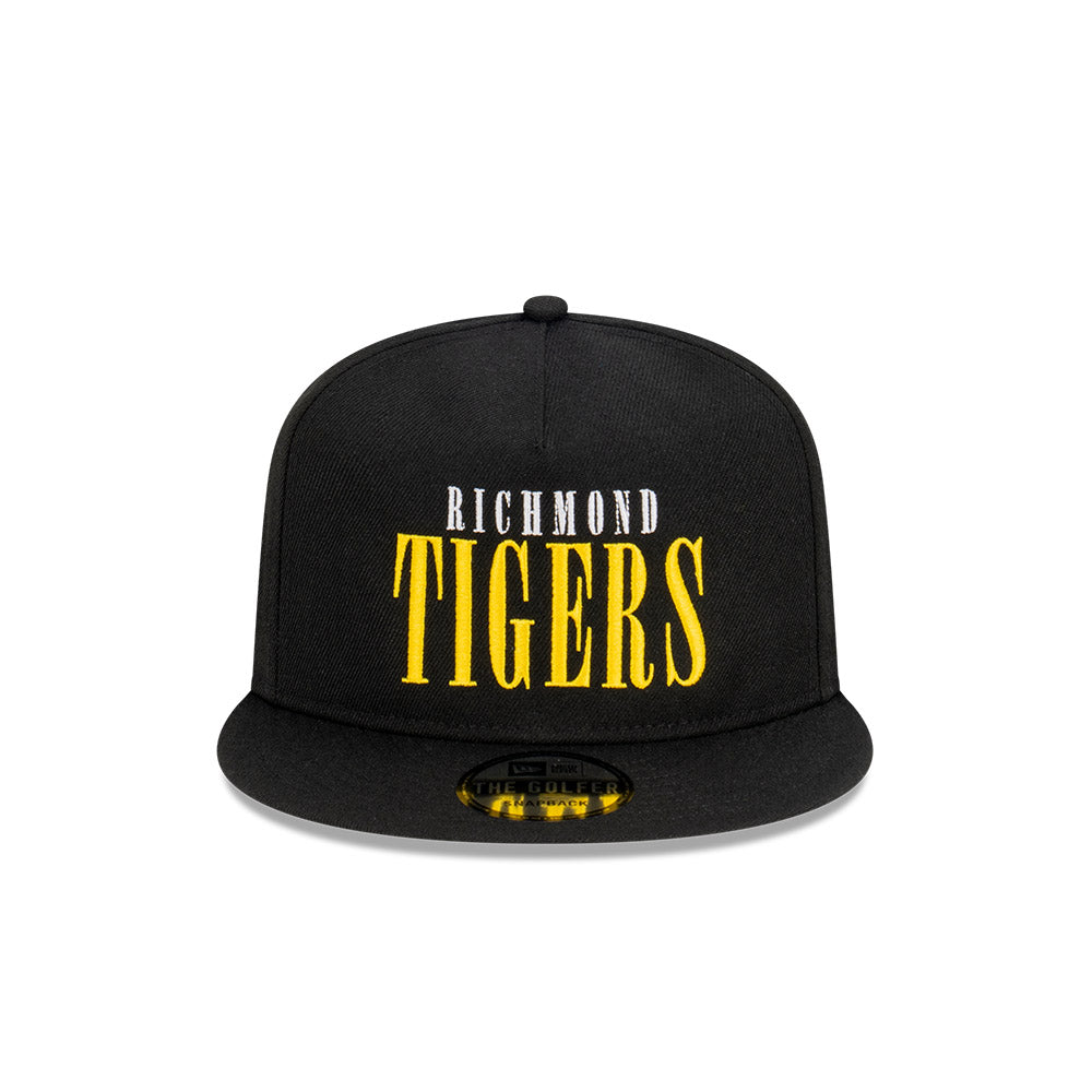 Richmond Tigers Hat - 2023 AFL Black Tall Text The Golfer Snapback - New Era