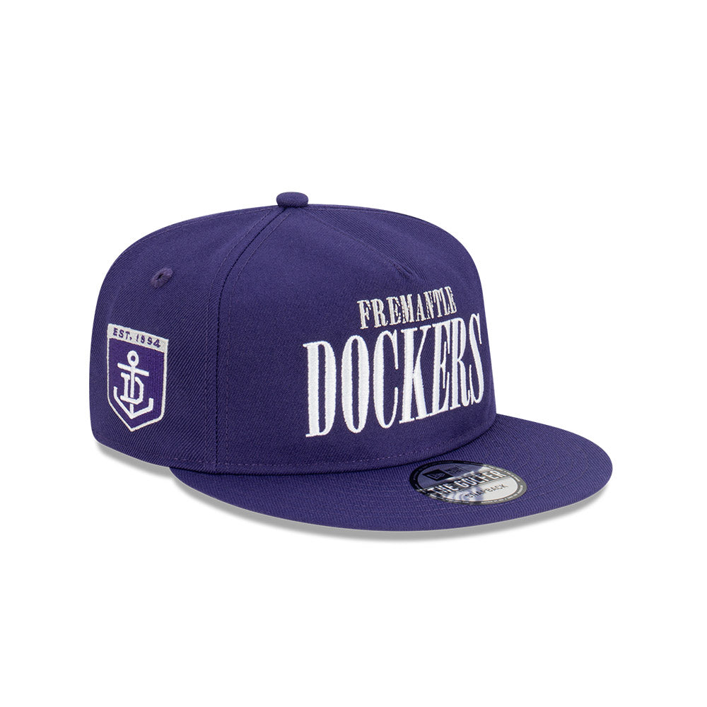 Fremantle Dockers Hat - 2023 AFL Purple Tall Text The Golfer Snapback - New Era