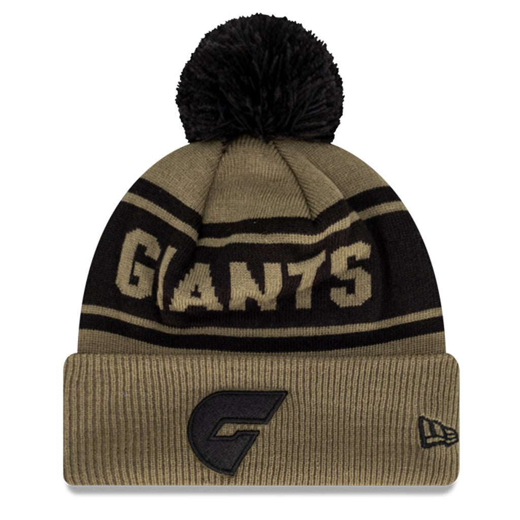 GWS Giants Beanie - 2022 AFL Olive Black Pom Knit - New Era