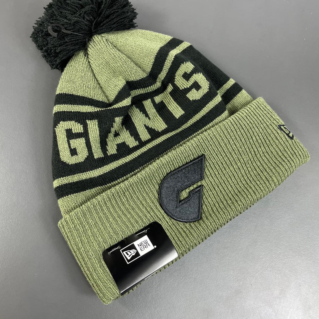 GWS Giants Beanie - 2022 AFL Olive Black Pom Knit - New Era