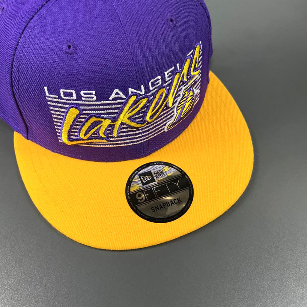 LA Lakers Hat - Purple Retro Script Box 9Fifty Snapback - New Era