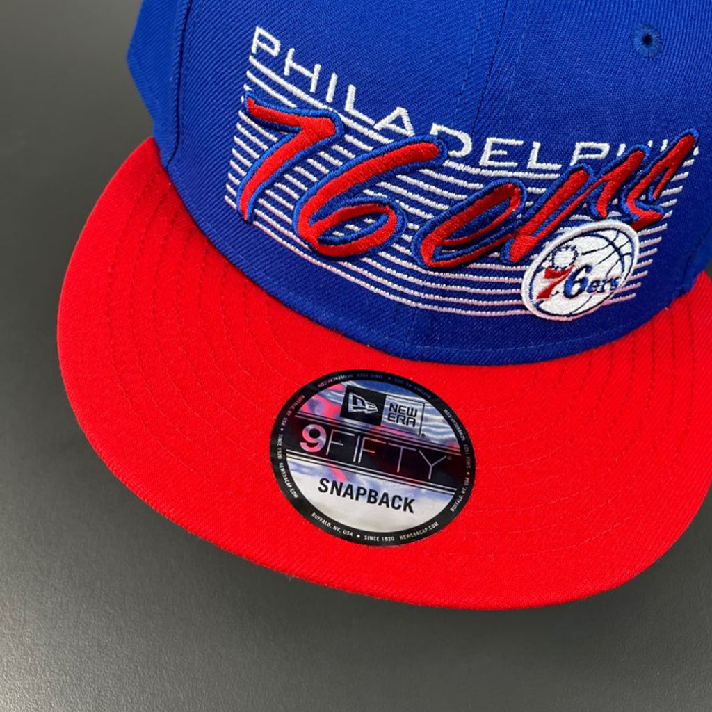 Philadelphia 76ers Hat - Navy Retro Script Box 9Fifty Snapback New Era