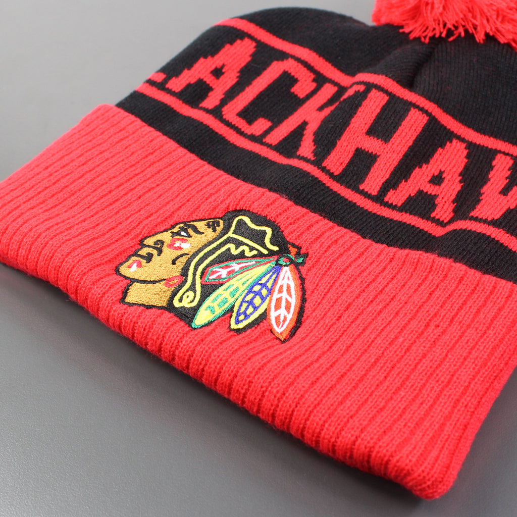 Chicago Blackhawks Beanie Black Red Wordmark Bobble Majestic Athletic