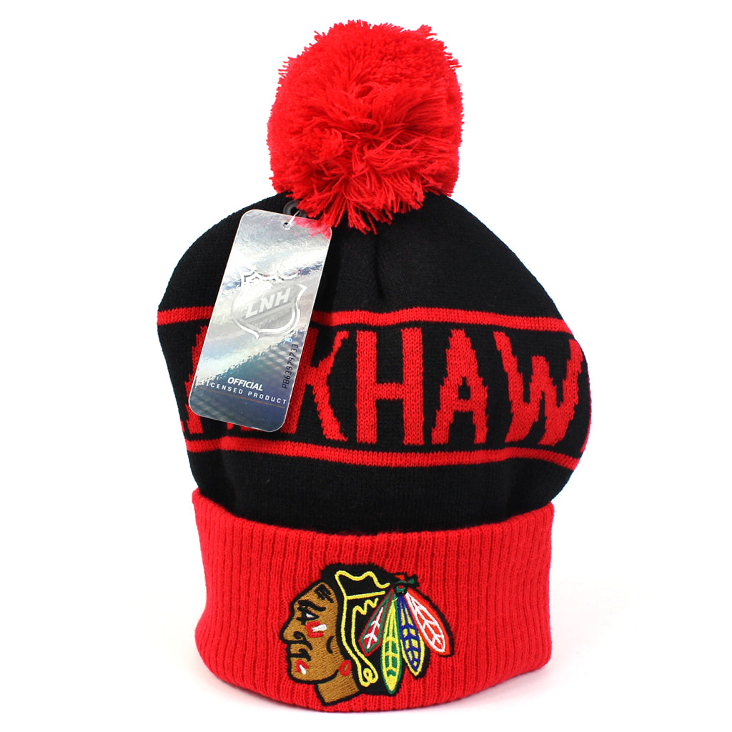 Chicago Blackhawks Beanie Black Red Wordmark Bobble Majestic Athletic